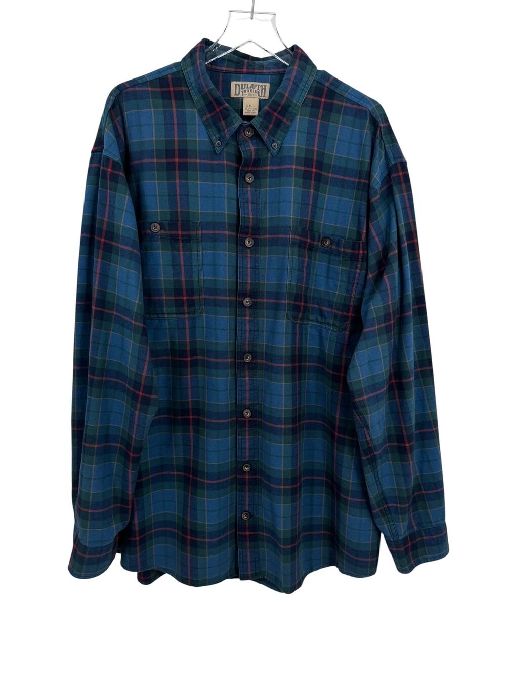 Duluth Trading shirt men's 2XL tall plaid flannel button down outdoor work blue